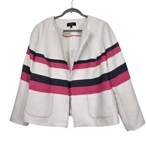 Talbots Pink Navy Striped Cream Textured Tweed Blazer Fringe Trim Jacket Size 1X